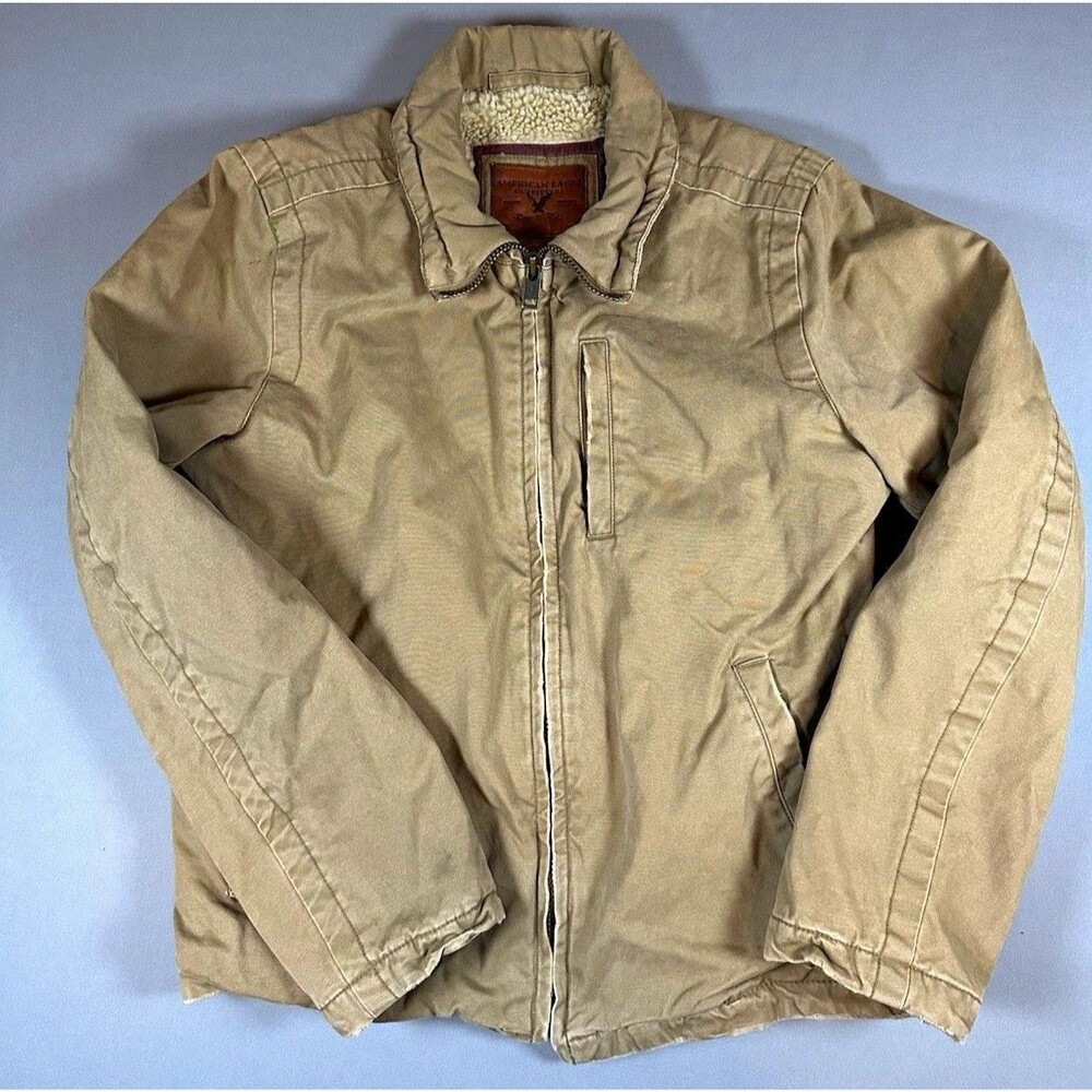 American Eagle Outfitters Mens M Tan Canvas Jacket Sherpa Lined Zip AEO 3922